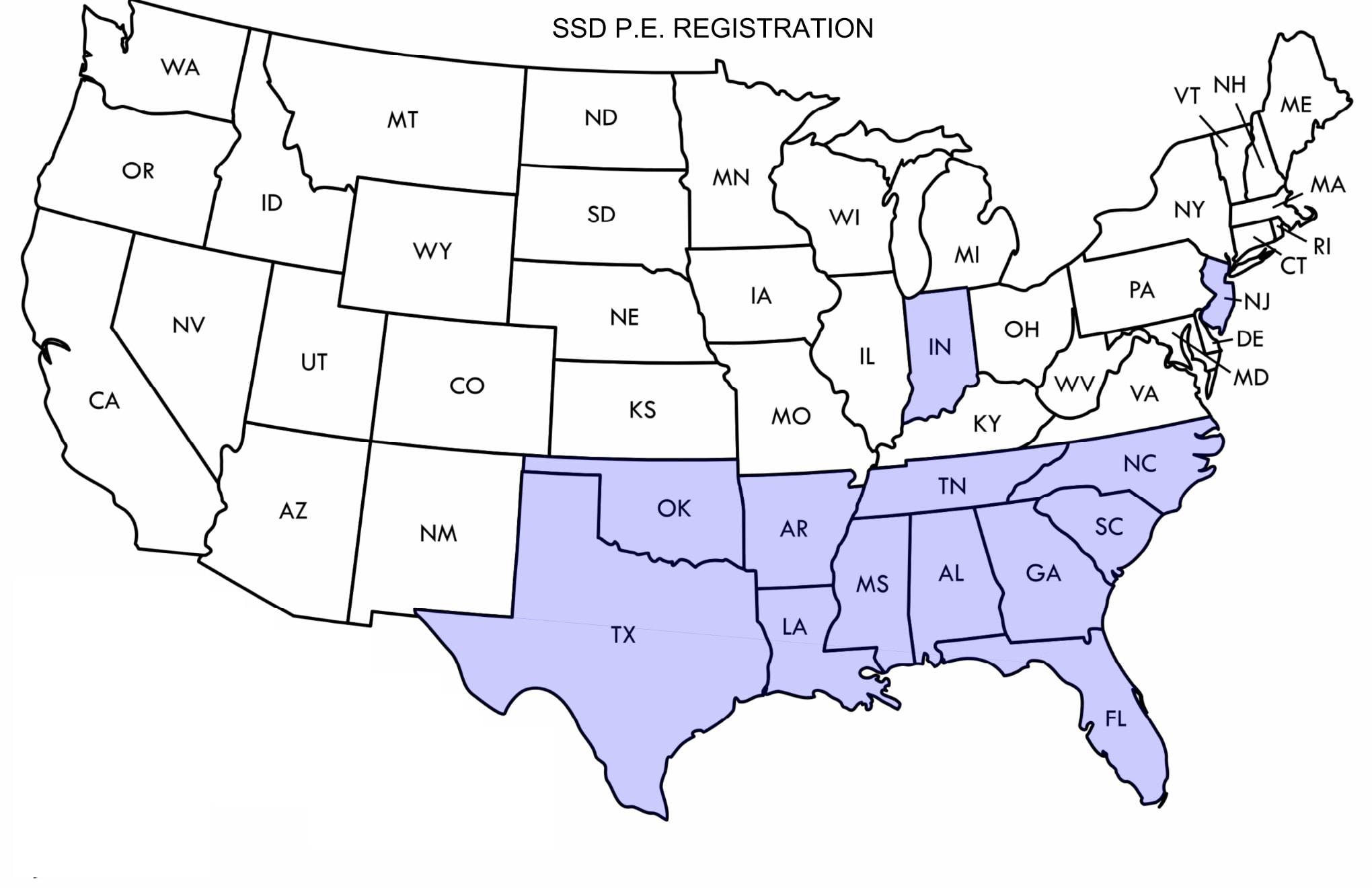 PE Registration map showing southeastern US states
